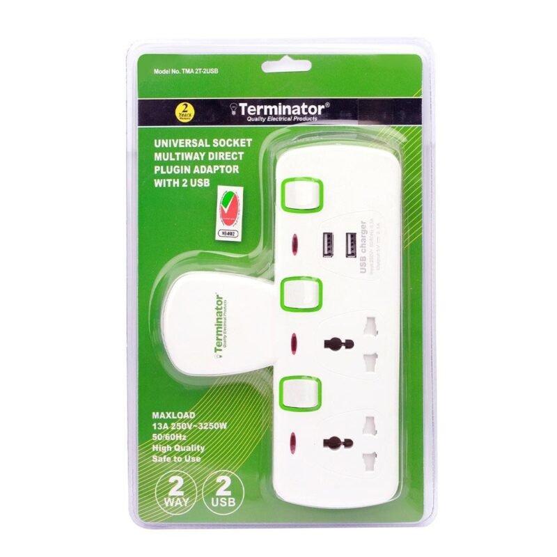 Terminator 2 Way Universal T Socket With 2USB