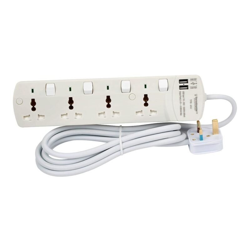 Terminator 4 Way Universal Power Extension Socket With 2USB